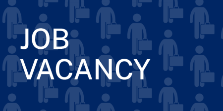 Graphic of repeated icon of person with a briefcase repeated on a navy blue background with a text overlay reading 'job vacancy'.