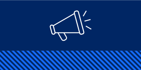White icon of a loudspeaker on a navy background.