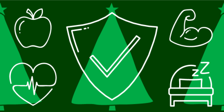 white icons of an apple, heart rate, shield, arm with bulging biceps and bed, with Christmas trees in the background.