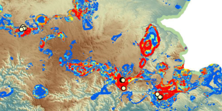 Close in crop of map showing intrusion-related Au mineral potential results for the Southern New England Orogen (extract from Southern New England Orogen mineral potential report).