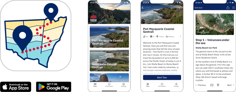 NSW GeoTours icon, Apple and Google badges, and 3 app screenshots.