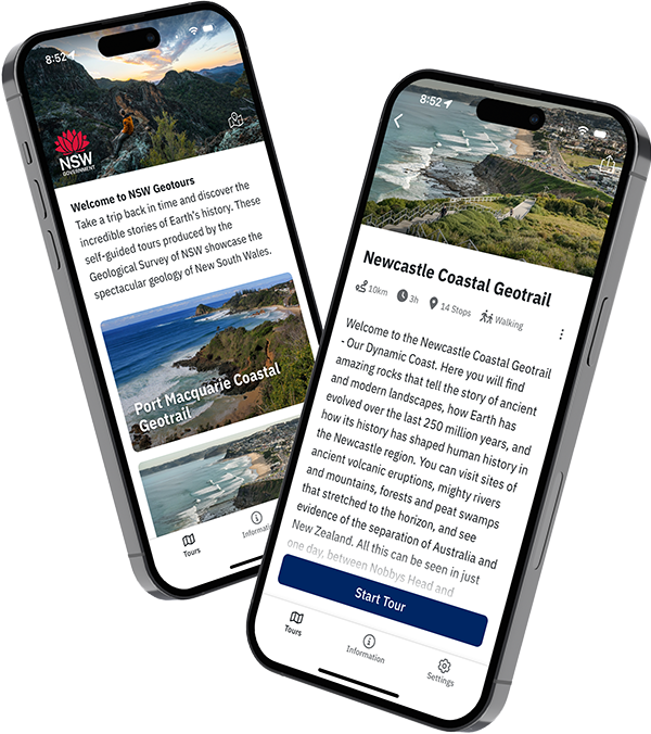 Two floating phones featuring the NSW GeoTours home screen on the left and the Newcastle Coastal Geotrail screen on the right.