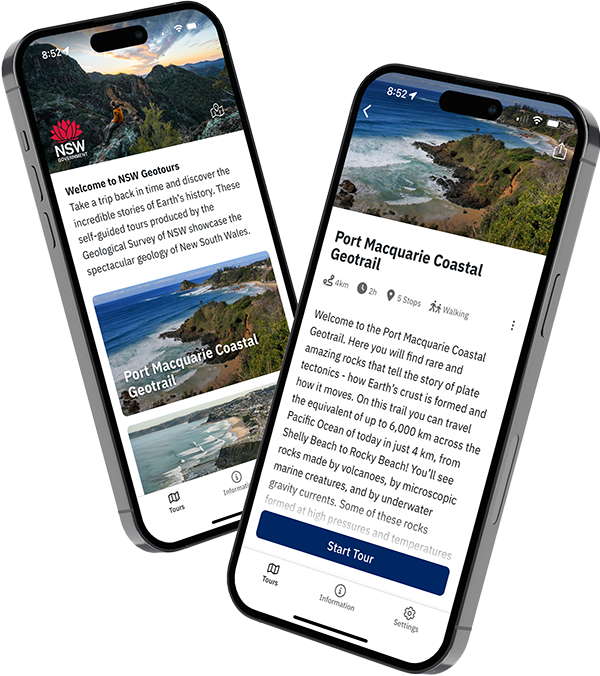Two floating phones featuring the NSW GeoTours home screen on the left and the Port Macquarie Coastal Geotrail screen on the right.