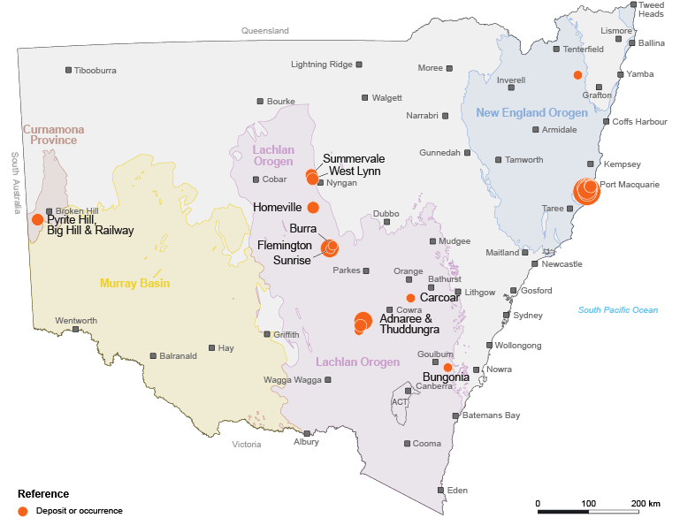 Map of New South Wales showing cobalt deposits and occurrences in relation to geological provinces.