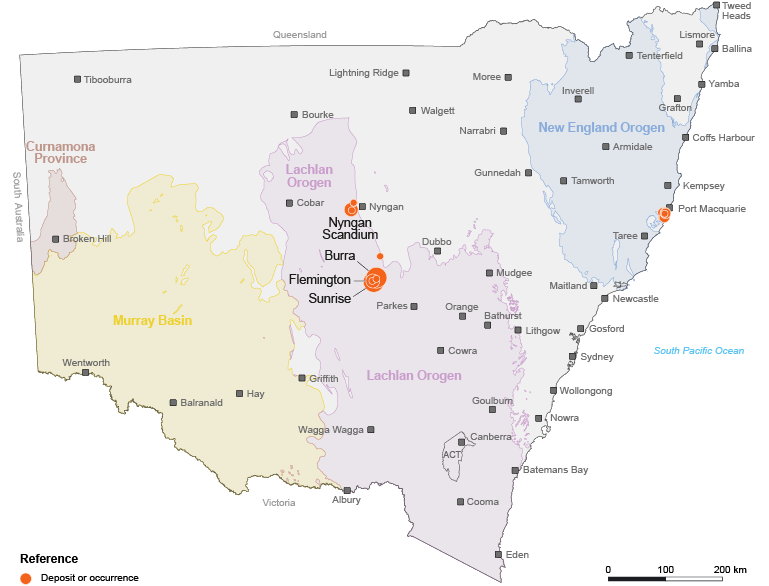 Map of New South Wales showing scandium deposits and occurrences in relation to geological provinces.