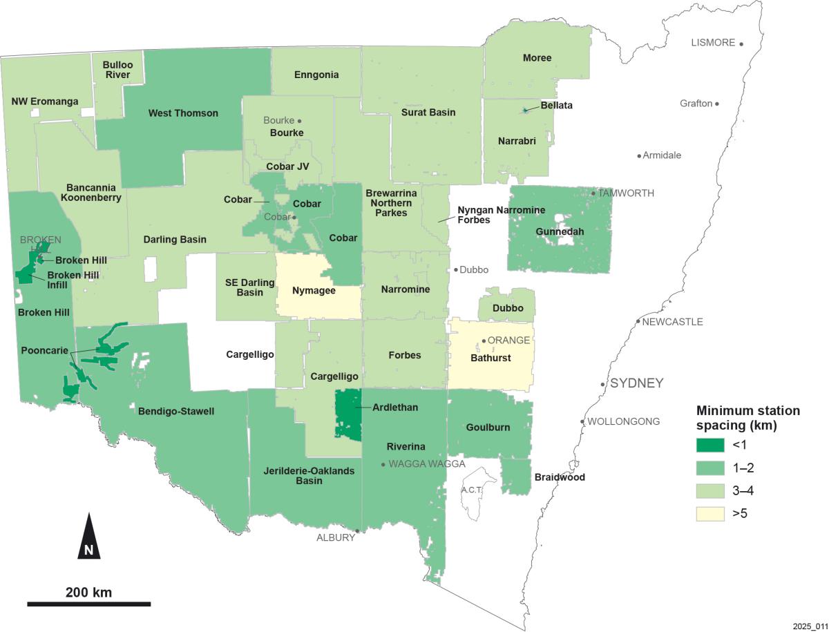 Map of NSW showing areas of ground gravity surveys with a range of minimum station spacinge spacing