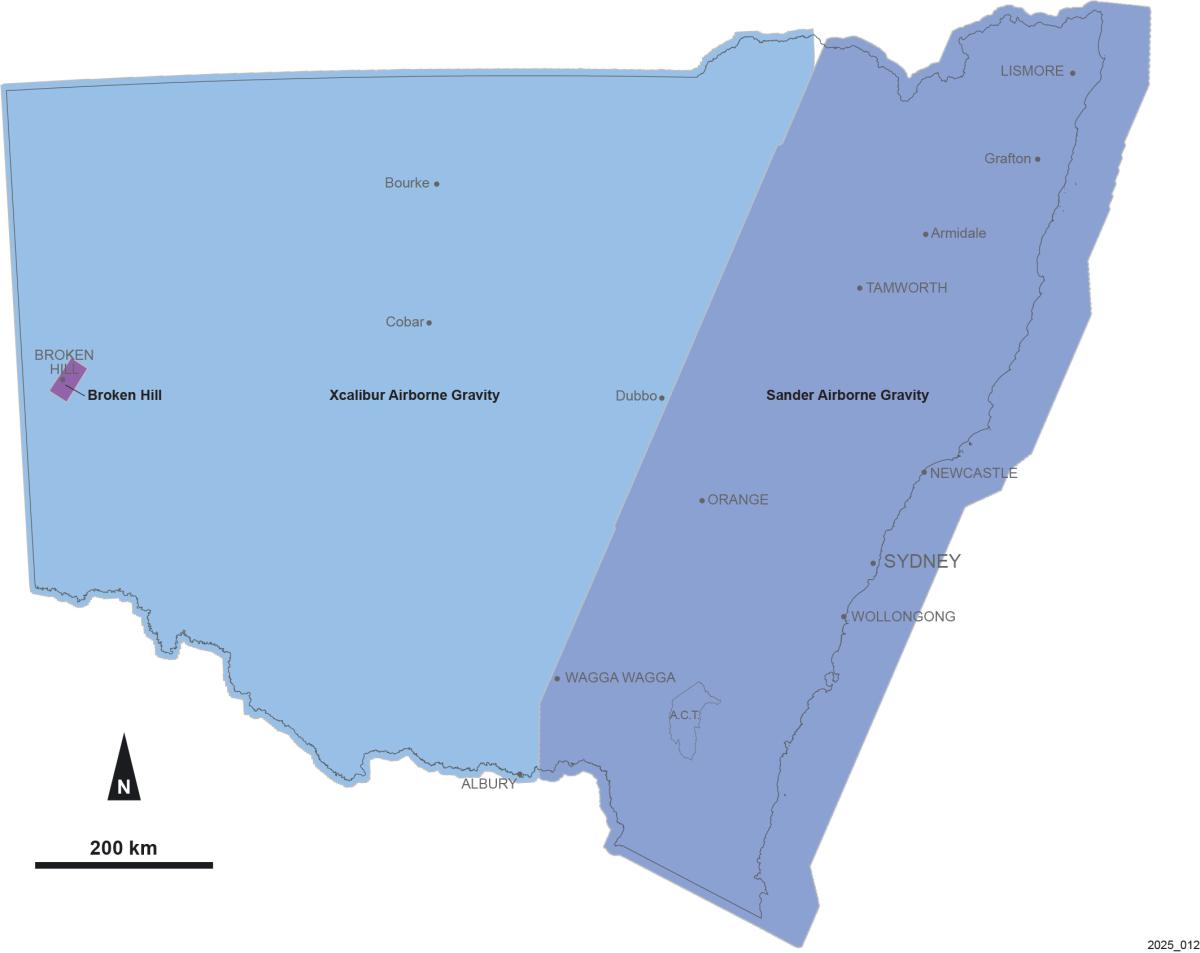 Map of the state that is divided into 3 sections of government funded airborne gravity surveys - Sander Airborne Gravity, Xcalibur Airborne Gravity and Broken Hill regions.
