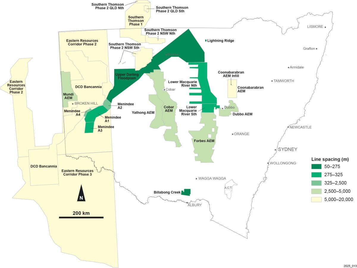 Map of NSW showing areas of various AEM surveys with a range of line spacing.
