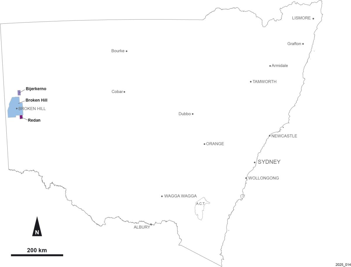 Map of NSW showing the location of 4 hyperspectral surveys closing surrounding Broken Hill in the west of the state.