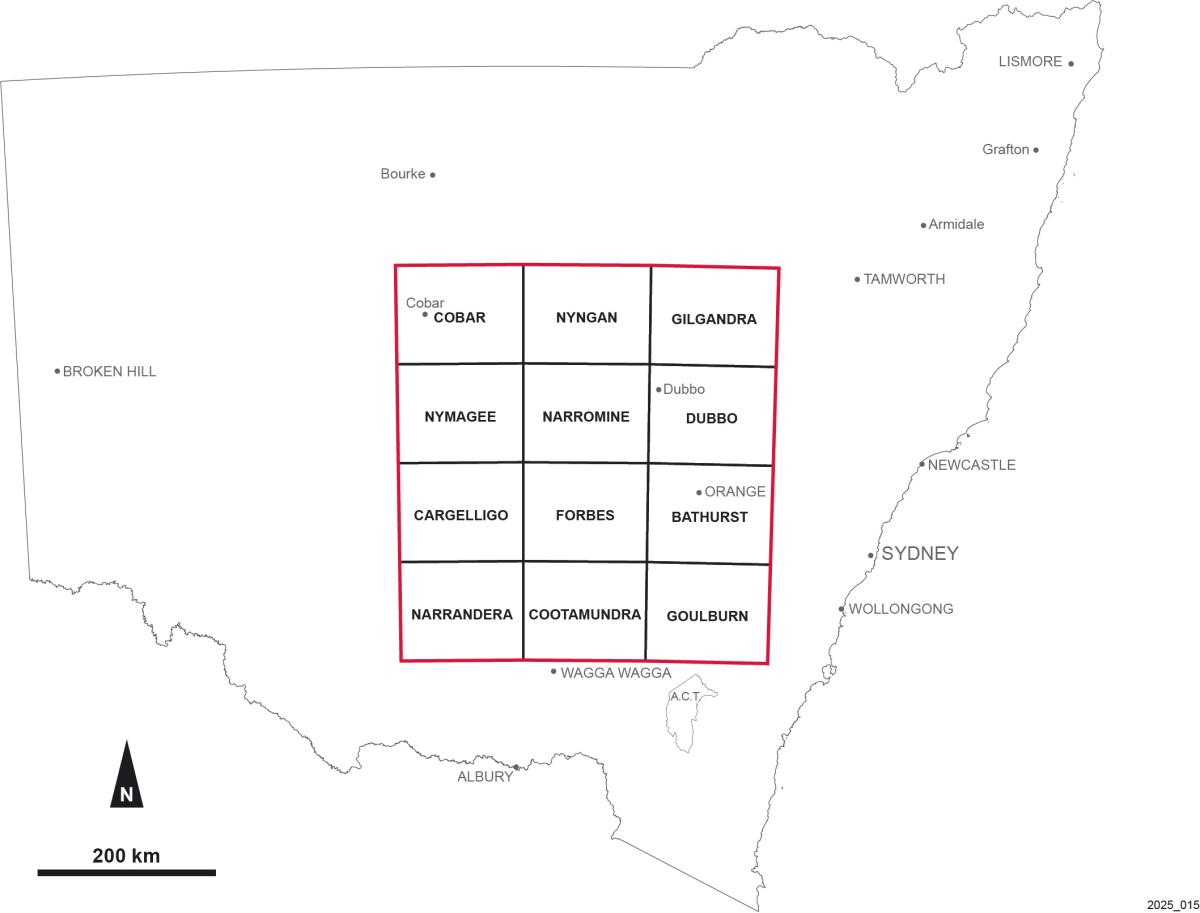 Map of NSW showing grid of 12 areas of 1:250k geophysical image suites in the centre of the state