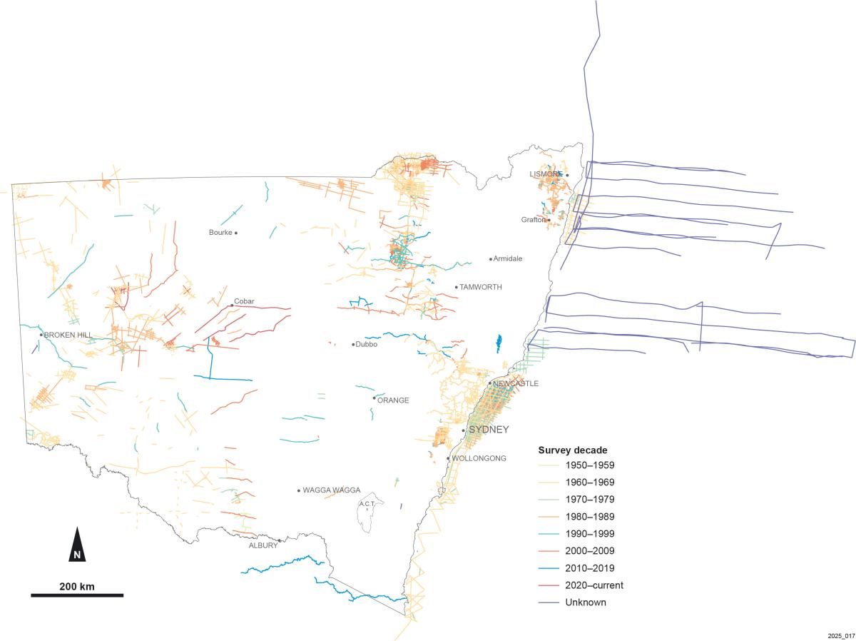 Map of NSW showing seismic surveys onshore and offshore by decade from 1950 to present.